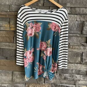 Moa‎ Moa Contrasting Strip Floral 3/4 Sleeve Shirt Womens Small